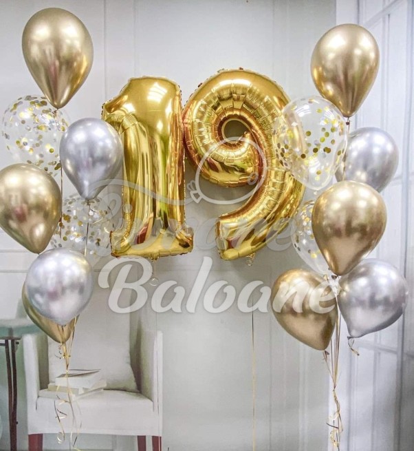 Baloane Cifrǎ 19 Aurie cu Accente Argintii (LB-12031)