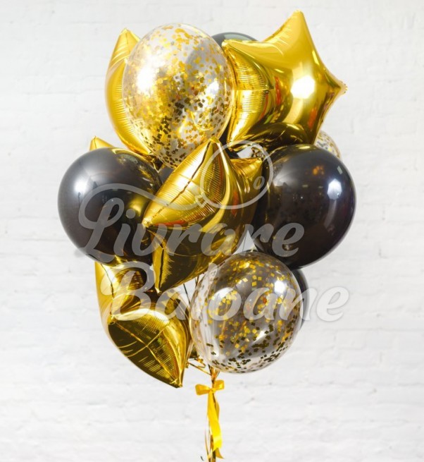 Buchet Baloane Heliu Auriu și Negre cu Stele și Confetti (LB-11003)